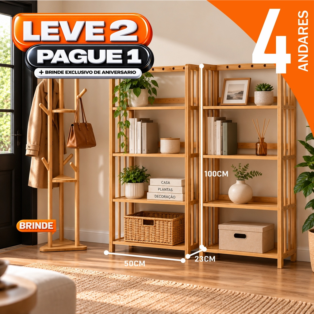 Estante Organizadora de Madeira 5 em 1 + BRINDE: Cabideiro de Bambu Moderno - COMPRE 1 LEVE 2