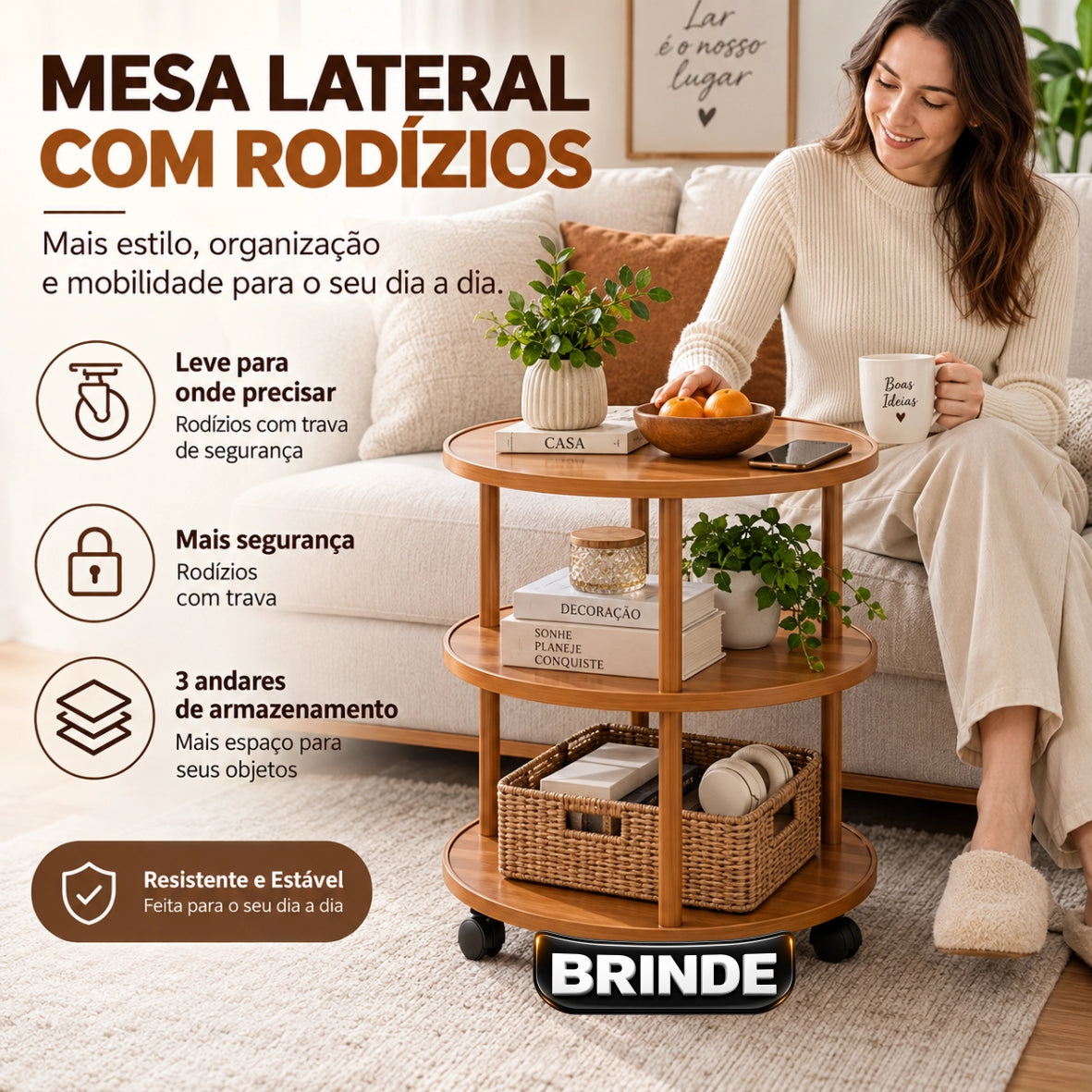 Sapateira Organizadora de Bambu 3/5/6 Andares + BRINDE: Mesa Lateral Redonda - COMPRE 1 LEVE 2