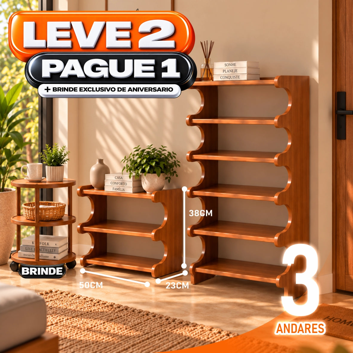 Sapateira Organizadora de Bambu 3/5/6 Andares + BRINDE: Mesa Lateral Redonda - COMPRE 1 LEVE 2