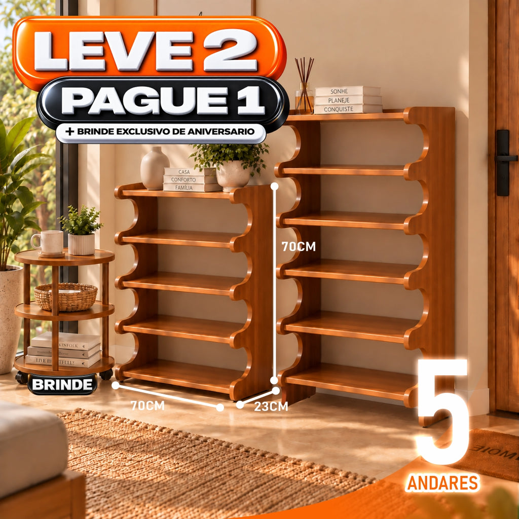 Sapateira Organizadora de Bambu 3/5/6 Andares + BRINDE: Mesa Lateral Redonda - COMPRE 1 LEVE 2