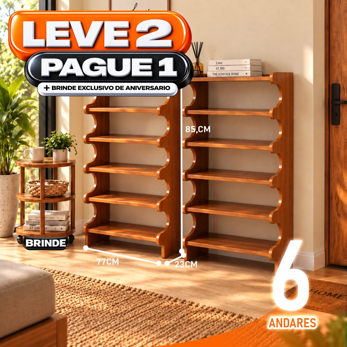 Sapateira Organizadora de Bambu 3/5/6 Andares + BRINDE: Mesa Lateral Redonda - COMPRE 1 LEVE 2